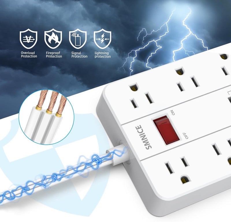 SMNICE موزع طاقة مع USB، واقي من زيادة التيار مع قابس مسطح يحتوي على 8 مآخذ متباعدة و 6 منافذ USB (1 USB C)، سلك تمديد بطول 5 أقدام قابل للتعليق على الحائط للهواتف والأجهزة اللوحية وأجهزة الكمبيوتر المحمولة والعديد من الأجهزة - Image 4